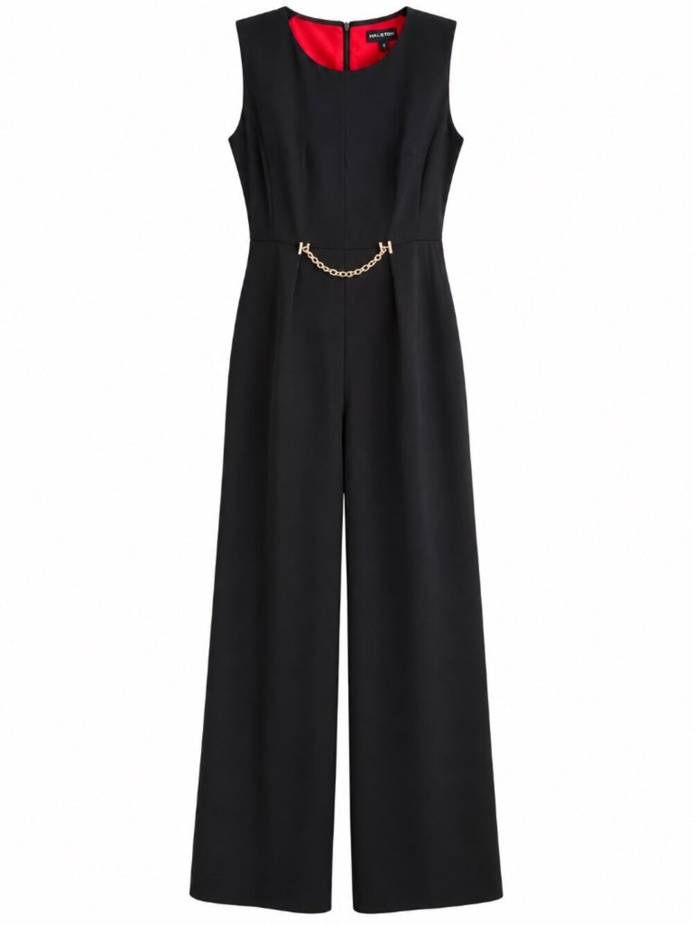 Halston Black Sleeveless Wide-Leg Jumpsuit With Gold Chain Belt Accent Red Linin